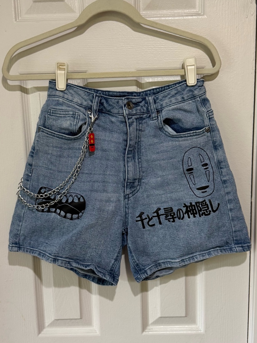 Light Blue Denim Jean Shorts with Black Studio-Inspired Graphics